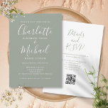 Invitación Elegante Boda de código QR Sage Green Simple<br><div class="desc">Con nombres de estilo característicos,  esta elegante invitación a la boda verde sabia se puede personalizar con toda la información especial del día de la boda en la parte delantera,  los detalles del sitio web de su boda y el código QR al revés. Diseñado por Thisisnotme©</div>
