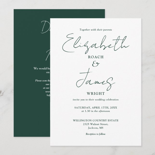 Invitación Elegante Boda de código QR verde esmeralda Minimal (Anverso / Reverso)