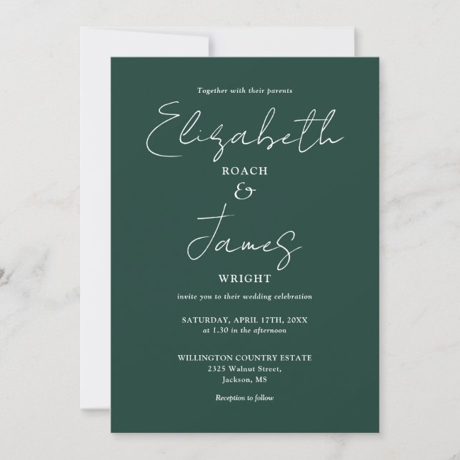 Invitación Elegante Boda de código QR verde esmeralda Minimal (Anverso)