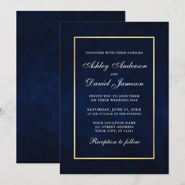 Invitación Elegante Boda de color azul dorado (Anverso / Reverso)
