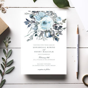 Invitación Elegante Boda de color de agua azul floral verde