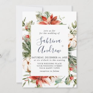 Invitación Elegante Boda de color de agua de pino de poinsett