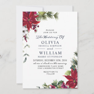 Invitación Elegante Boda de color de agua de pino de poinsett