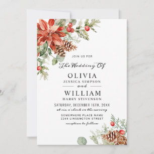 Invitación Elegante Boda de color de agua de pino de poinsett