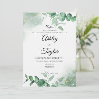Invitación Elegante Boda de color de agua dorado y verde