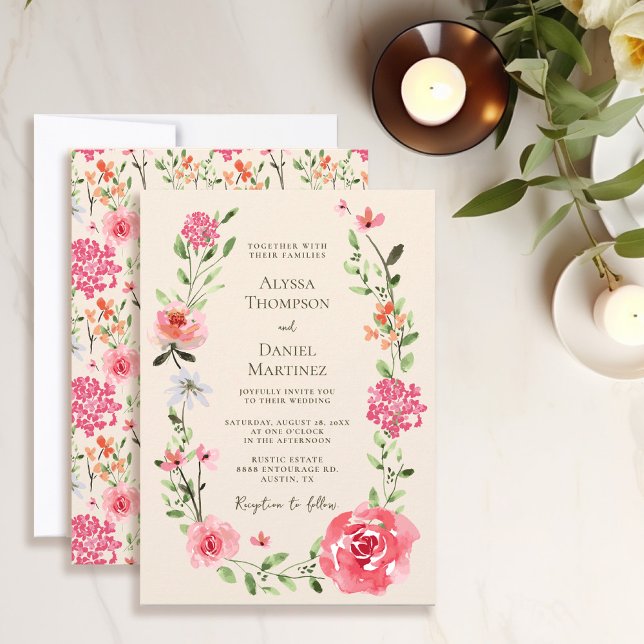 Invitación Elegante Boda de color de agua floral rosa de Rubo (Elegant Blush Pink and Cream modern floral wedding invitation.)