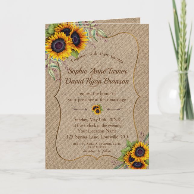 Invitación Elegante Boda de color de agua Sunflower Burlap (Anverso)