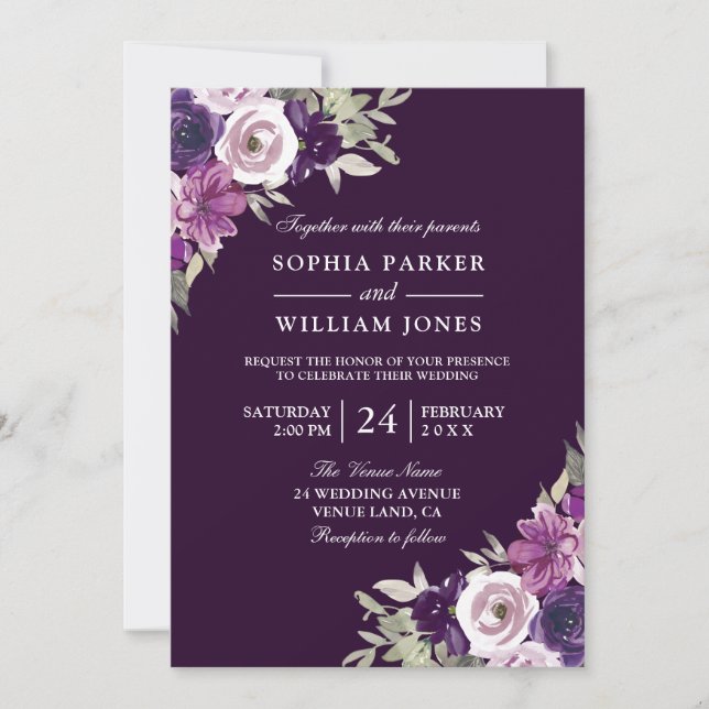 Invitación Elegante Boda de color morado floral (Anverso)