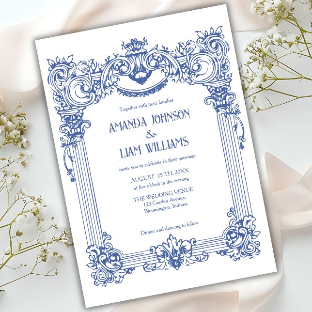 Invitación Elegante Boda de columna azul barroco floral (Subido por el creador)