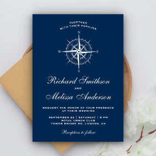 Invitación Elegante Boda de Compás Náutico Azul Marino Blanco