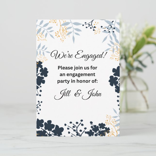 Invitación Elegante Boda de Compromiso Botánico Azul (Anverso de pie)