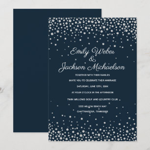 Invitación Elegante Boda de Confeti de Diamante de Plata Azul