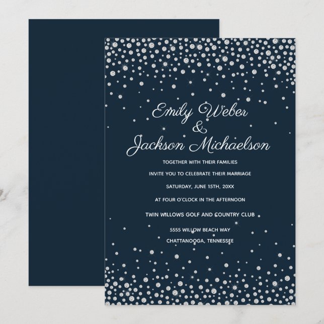 Invitación Elegante Boda de confetti de diamantes de plata az (Anverso / Reverso)