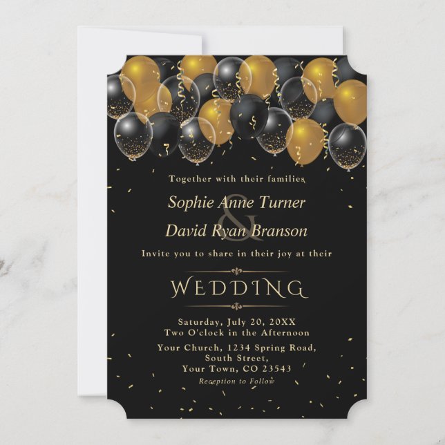 Invitación Elegante Boda de Confetti de Globos Negros de Oro (Anverso)