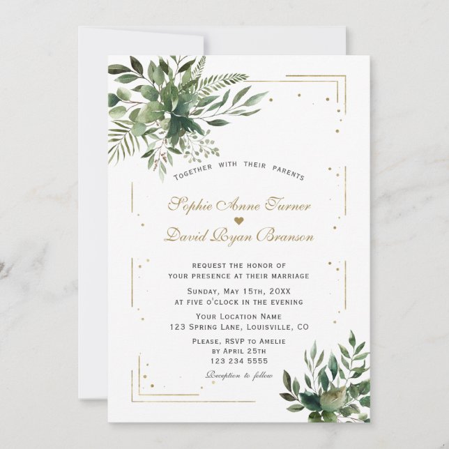 Invitación Elegante Boda de Confetti de Oro de Verdor (Anverso)