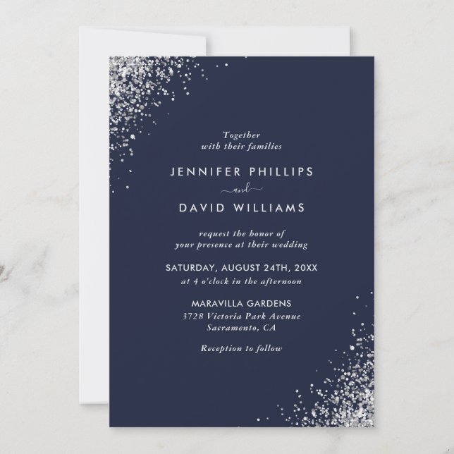 Invitación Elegante Boda de Confetti Purpurina de Plata Azul  (Anverso)