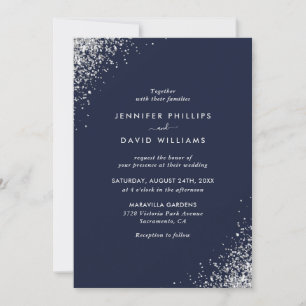 Invitación Elegante Boda de Confetti Purpurina de Plata Azul 