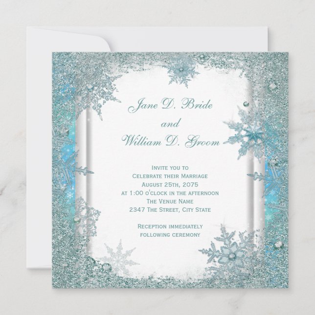 Invitación Elegante Boda de copos de nieve azul Verde azulado (Anverso)