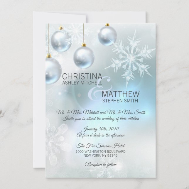 Invitación Elegante BODA de copos de nieve azules de invierno (Anverso)