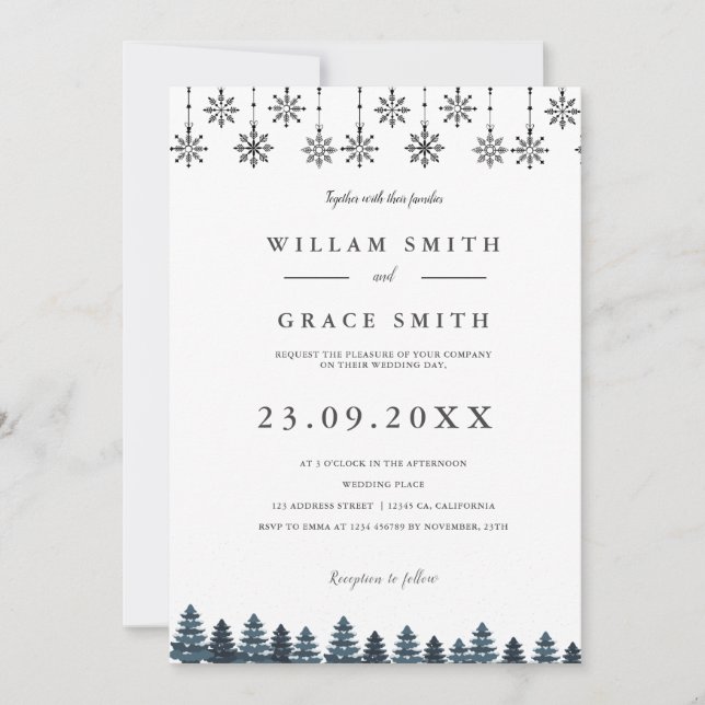 Invitación Elegante boda de copos de nieve de invierno Wonder (Anverso)