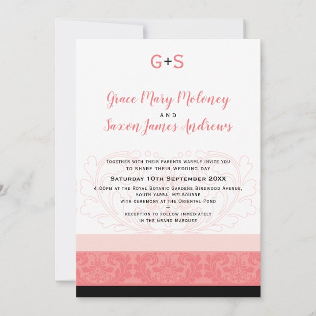 Invitación ELEGANTE BODA de coral floreciente detalles monogr (Anverso)