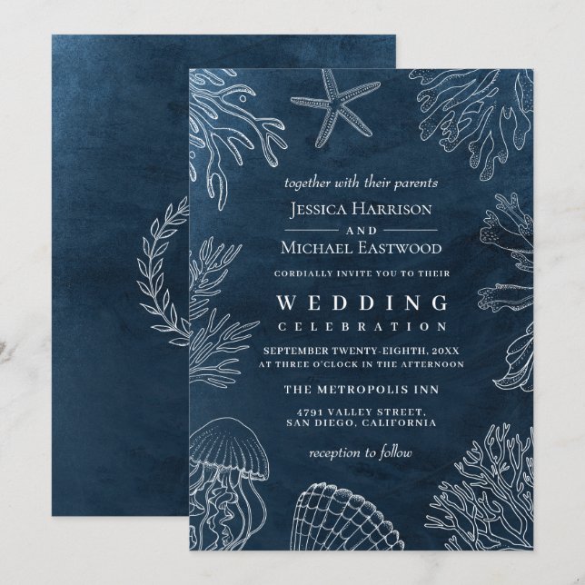 Invitación Elegante Boda de Coral Naval Elegante (Anverso / Reverso)