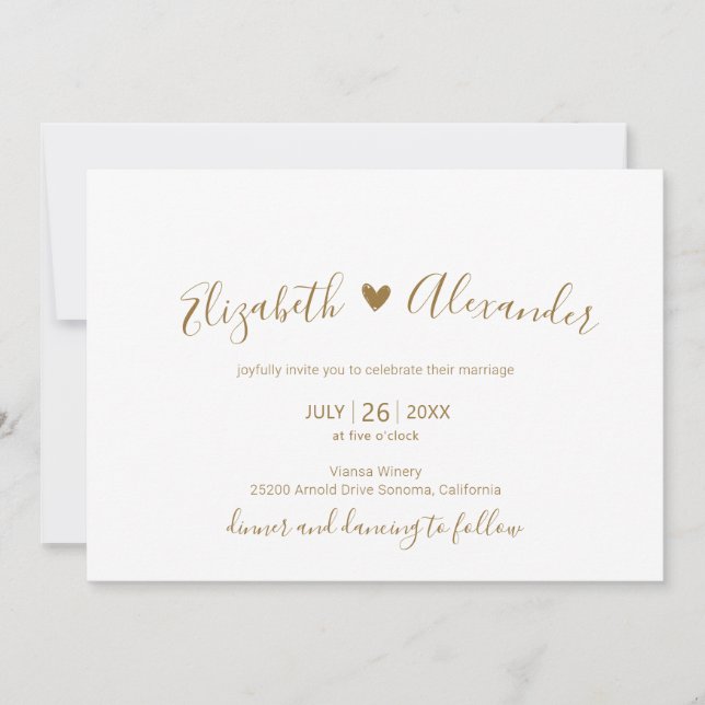 Invitación Elegante Boda de Corazón con Guión Blanco de Oro (Anverso)