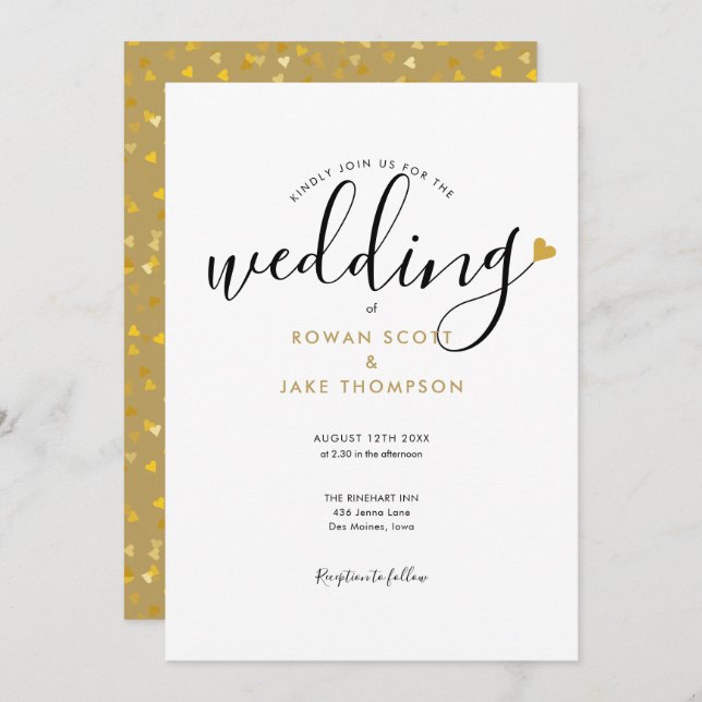Invitación Elegante Boda de Corazón de Oro Script (Anverso / Reverso)