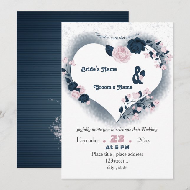 Invitación elegante boda de corazón floral azul marino y rosa (Anverso / Reverso)