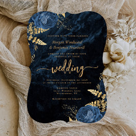 Invitación Elegante Boda de Corchete Floral Azul Marino y Dor