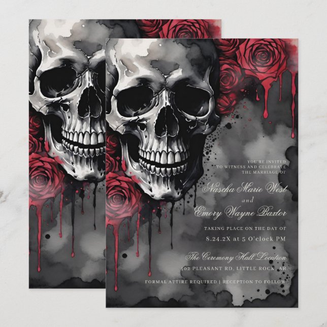 Invitación Elegante Boda de cráneo gótico y Rosas (Anverso / Reverso)