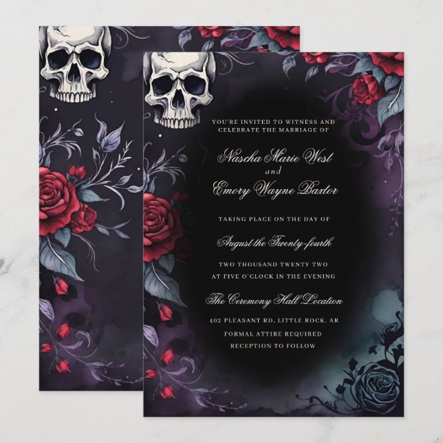 Invitación Elegante Boda de cráneo gótico y Rosas (Anverso / Reverso)