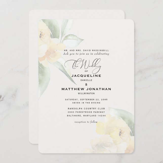 Invitación Elegante Boda de Crema de Flora Amarilla (Anverso / Reverso)