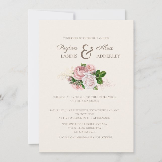 Invitación Elegante Boda de crema floral rosa Rubor de época (Anverso)