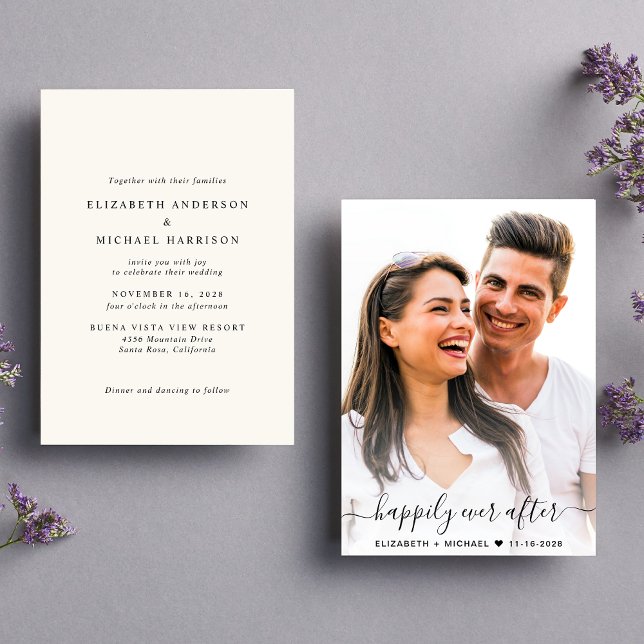Invitación Elegante Boda de crema fotográfica con guión corto (Celebrate your love story with a modern happily ever after wedding invitation showcasing your photo)