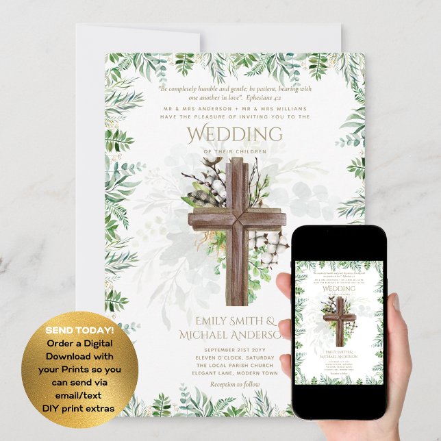 Invitación Elegante Boda de cruz rústica de vegetación cristi (Subido por el creador)