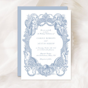 Invitación Elegante Boda de cuadro de tela azul barroco vinta