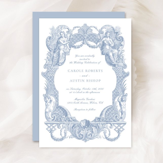 Invitación Elegante Boda de cuadro de tela azul barroco vinta (Subido por el creador)