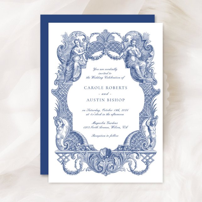 Invitación Elegante Boda de cuadro de tela azul barroco vinta (Subido por el creador)
