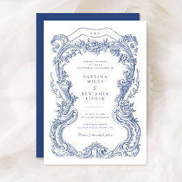 Invitación Elegante Boda de cuadro de tela azul floral vintag