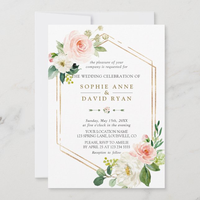 Invitación Elegante Boda de cuadro geométrico de crema Rubor (Anverso)
