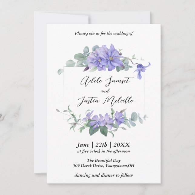 Invitación Elegante Boda de cuadro periwinkle clematis (Anverso)