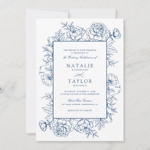 Invitación Elegante Boda de cuadros de Rosas Royal Blue Flora