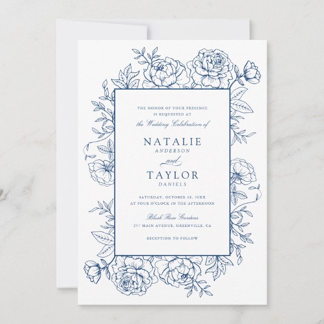Invitación Elegante Boda de cuadros de Rosas Royal Blue Flora (Anverso)