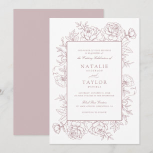 Invitación Elegante Boda de cuadros de Rosas Rubor con flores