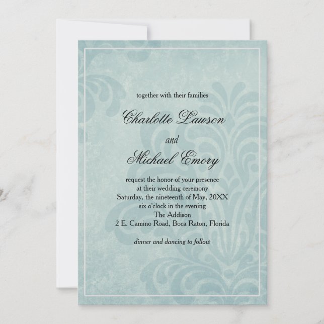 Invitación Elegante boda de damasco azul (Anverso)