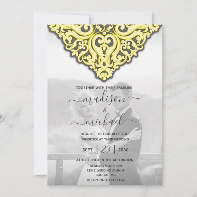 Invitación Elegante Boda de Damasco Gris Amarillo (Anverso)