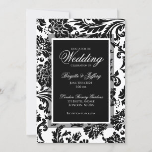Invitación Elegante boda de damasco negro y blanco