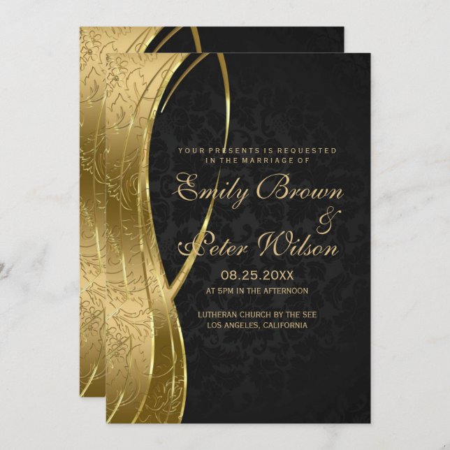Invitación Elegante Boda de Damasco Negro y Dorado (Anverso / Reverso)
