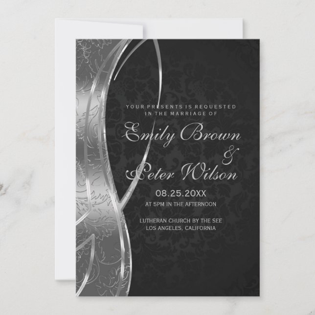 Invitación Elegante boda de damasco negro y gris plateado (Anverso)